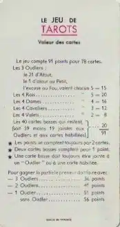 Tableau de la valeur des cartes et du comptage des points au tarot