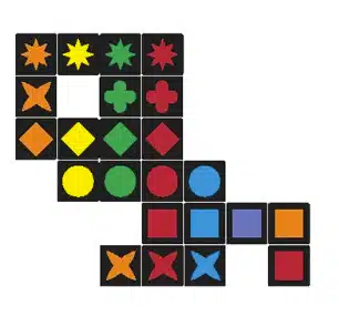 Exemple de comptage des points au Qwirkle avec des tuiles de couleurs et de formes