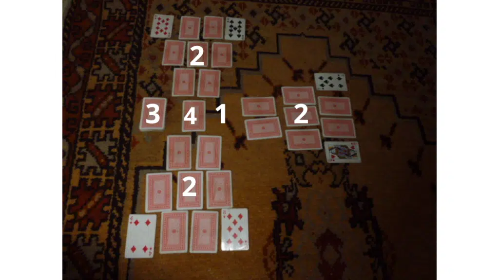 Disposition des cartes d'une partie de Canard sur un tapis, avec les chiffres des rangées
