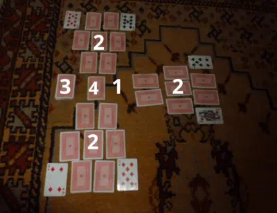 Disposition des cartes d'une partie de Canard sur un tapis, avec les chiffres des rangées