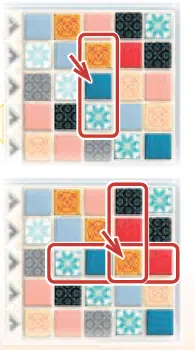 Exemple de décompte des points Azul avec des tuiles colorées et un cadre rouge indiquant 7 points du jeu Azul : règles du jeu du plateau.