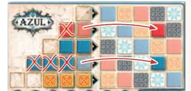 Azul : exemple de décoration murale avec tuiles colorées et modèle de planificateur de jeu sur fond bleu.