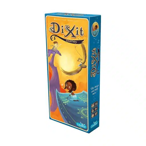Dixit Journey, jeu de société coloré avec aventuriers et cartes illustrées en boîte bleu