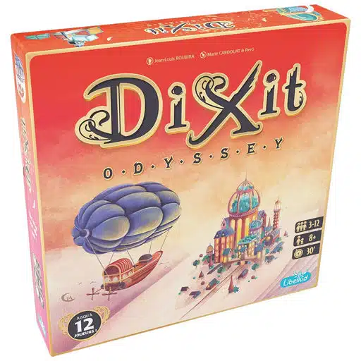 Jouet ou jeu de société Dixit Odyssey, boîte colorée montrant IA spectaculaire et personnages volants.
