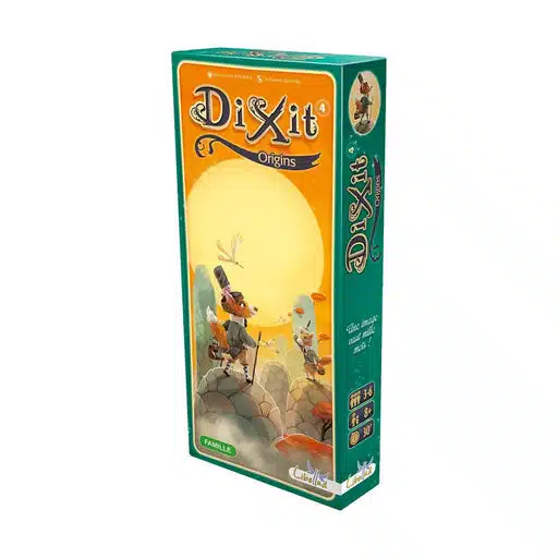 Dixit Origins, jeu de société, boîte rectangulaire verte et orange avec illustration sur fond jaune