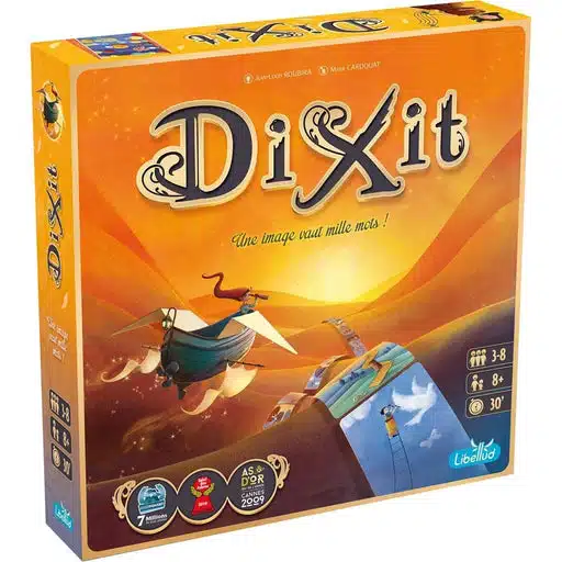 Dixit : boîte du jeu de société colorée sur fond orange avec le logo « Dixit » et illustration onirique